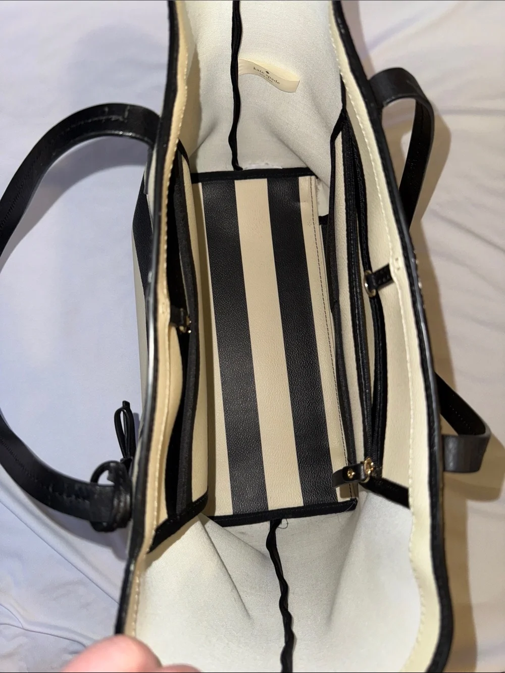 kate spade Black and White Striped Leather Tote with Bow Charm - Picture 5 of 8